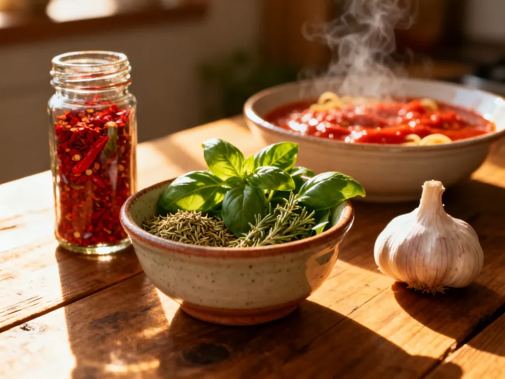 Świeże zioła, czosnek i przyprawy obok miski sosu pomidorowego, podkreślające aromatyczne składniki spaghetti bolognese.