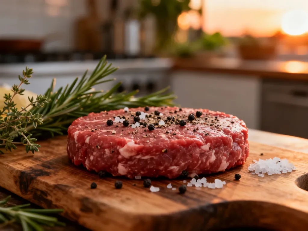 Surowy kotlet wołowy na drewnianej desce, przyprawiony solą morską i pieprzem, przygotowany do smażenia soczystego burgera.