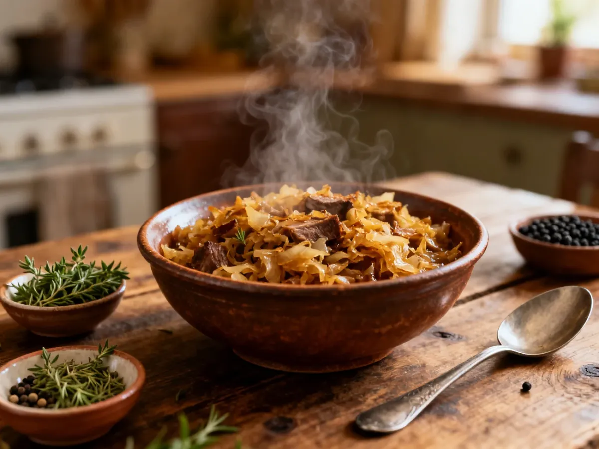 Gotowy bigos odpoczywający przed podaniem z przyprawami do końcowego doprawienia