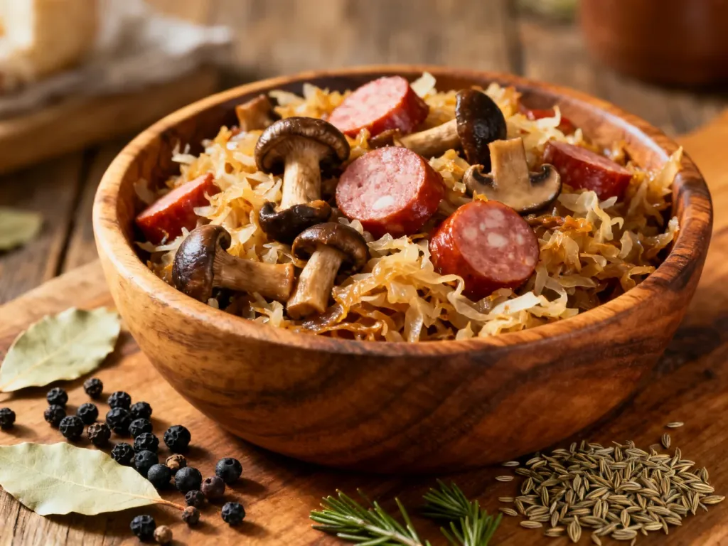 Tradycyjny bigos w drewnianej misce w otoczeniu przypraw: ziela angielskiego, liści laurowych, jałowca i kminku.
