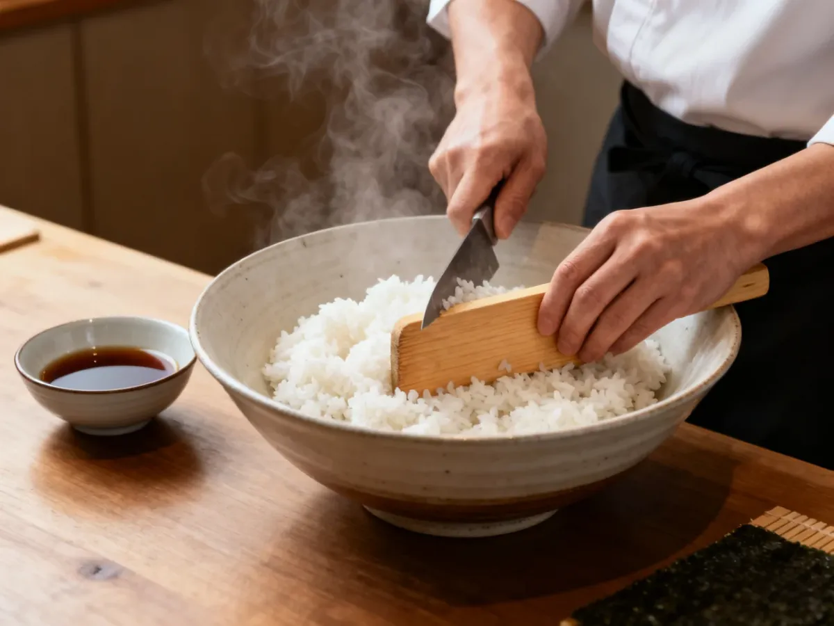 Delikatne mieszanie ciepłego ryżu do sushi drewnianą łopatką