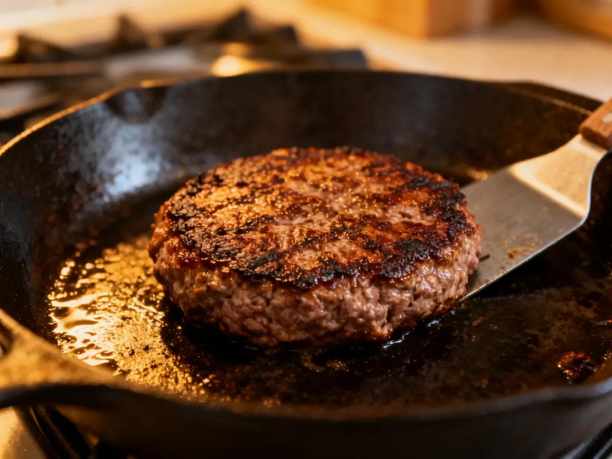 Soczysty kotlet wołowy smażony na mocno rozgrzanej patelni