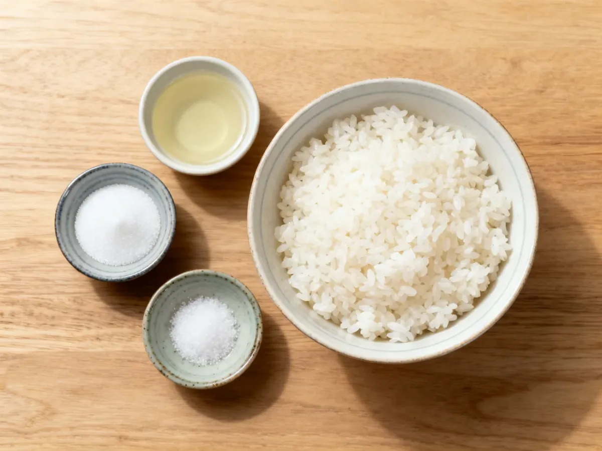 Składniki zaprawy octowej obok ugotowanego ryżu do sushi