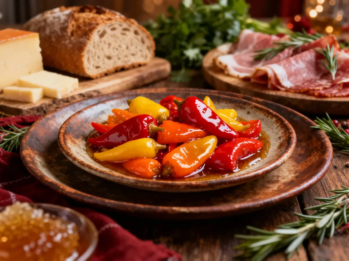 Papryka z miodem podana z pieczywem, serami i zimnymi przekąskami