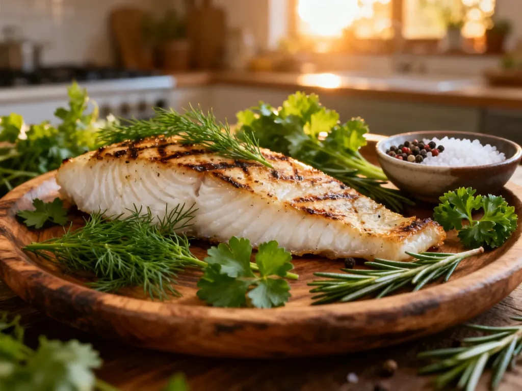 Pieczony filet z białej ryby podany z koperkiem, natką pietruszki i rozmarynem na drewnianym talerzu.