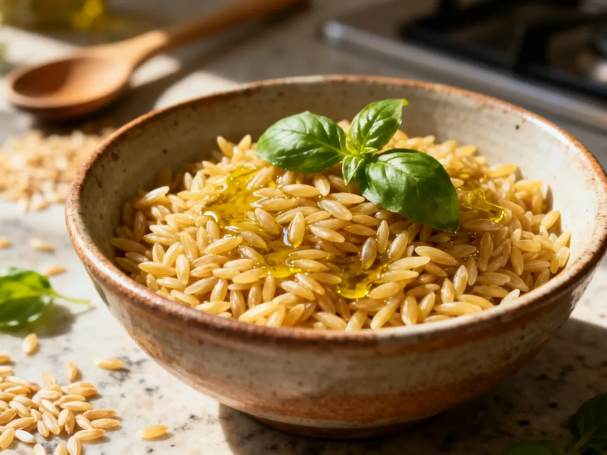 Miska ugotowanego makaronu orzo z oliwą i świeżą bazylią na kuchennym blacie.