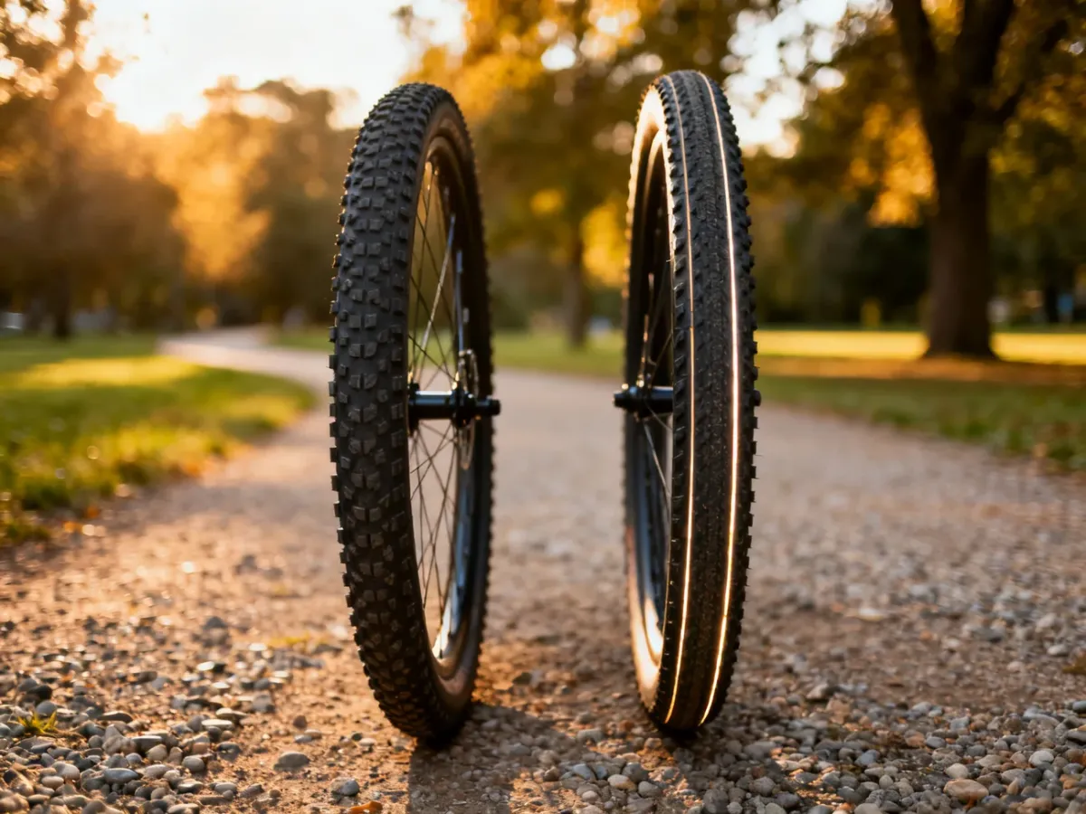 Porównanie opon roweru crossowego i trekkingowego na żwirowej ścieżce, ukazujące różnice w ich bieżniku i konstrukcji.