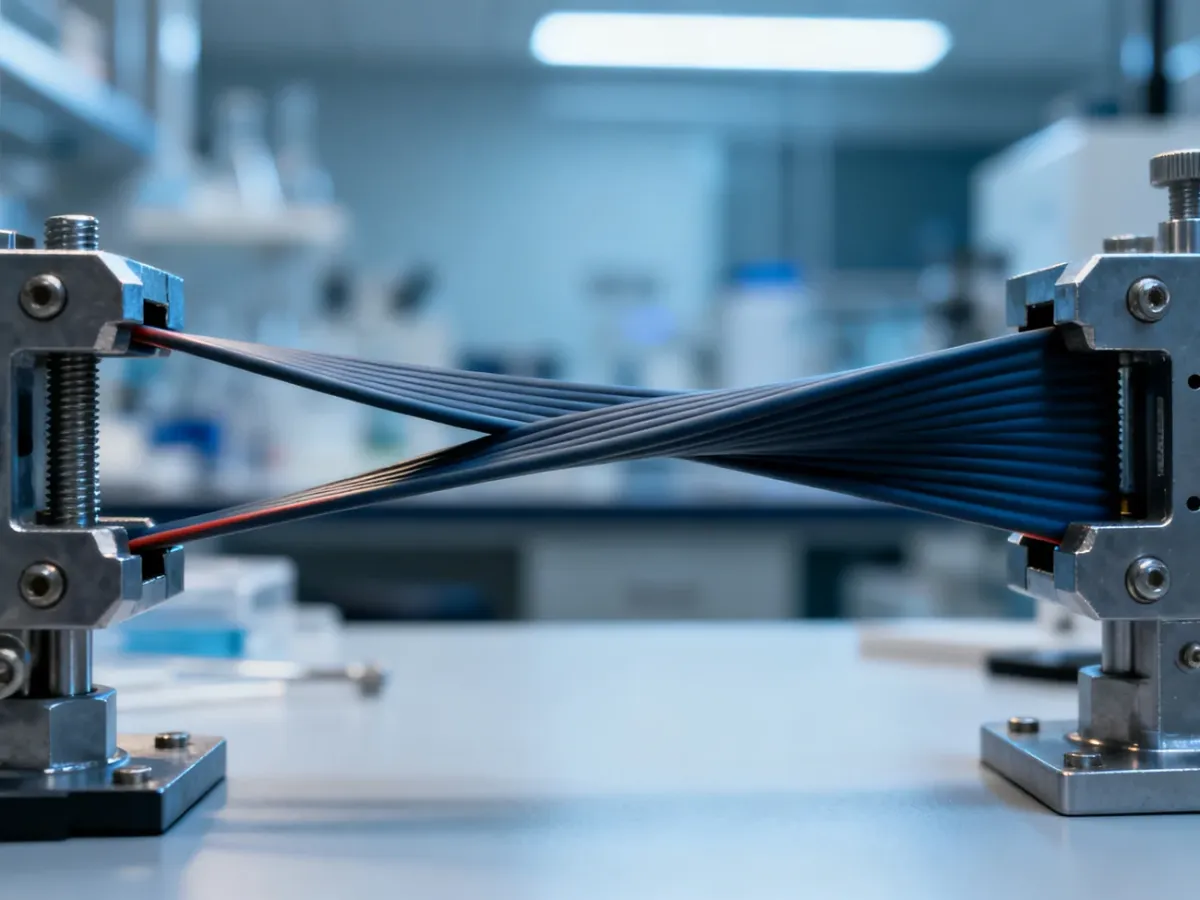 Zbliżenie na gumę poddaną naprężeniu między metalowymi zaciskami w warunkach laboratoryjnych.