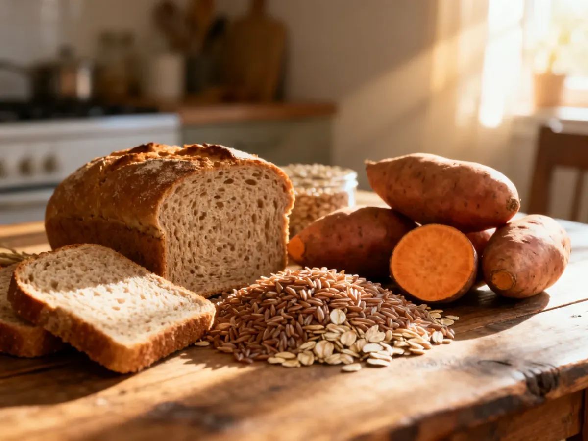 Różnorodne produkty pełnoziarniste, takie jak pieczywo, ryż, owies i bataty, będące bogatym źródłem węglowodanów złożonych.