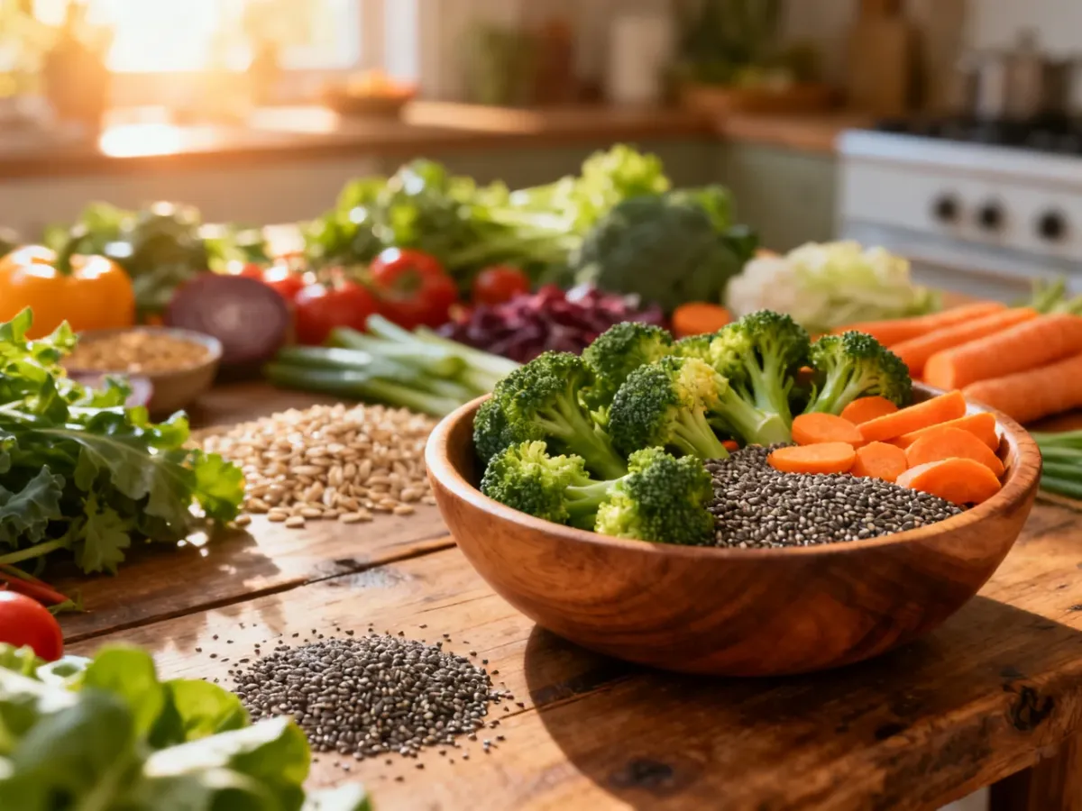Drewniana miska z surowymi warzywami i ziarnami chia na tle świeżych produktów, symbolizująca zdrową dietę bogatą w błonnik.